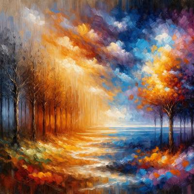 The primary subject of the image is a painting of a forest with a path leading to the ocean. The setting is a beautiful landscape with trees, water, and a sky filled with clouds. The visual style is a painting, which gives the image a more artistic and creative appearance. The dominant colors in the painting are orange, blue, and purple, creating a warm and serene atmosphere.